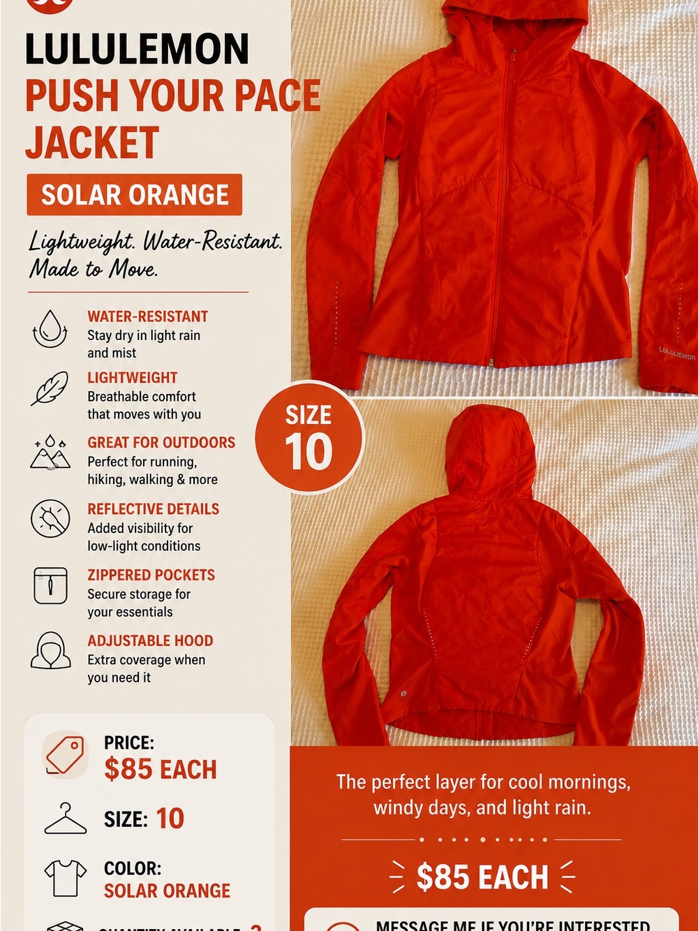 lululemon athletica Women’s size 10 Solar Orange Rain Jacket